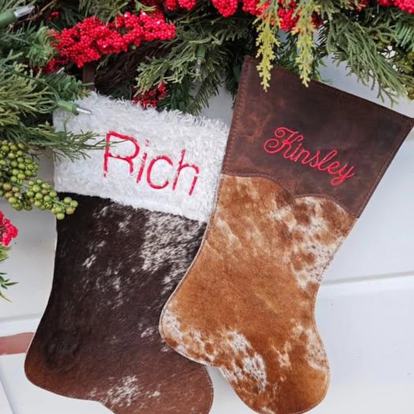 Cowhide Christmas Stocking, Western Decor with Faux Leather Lining