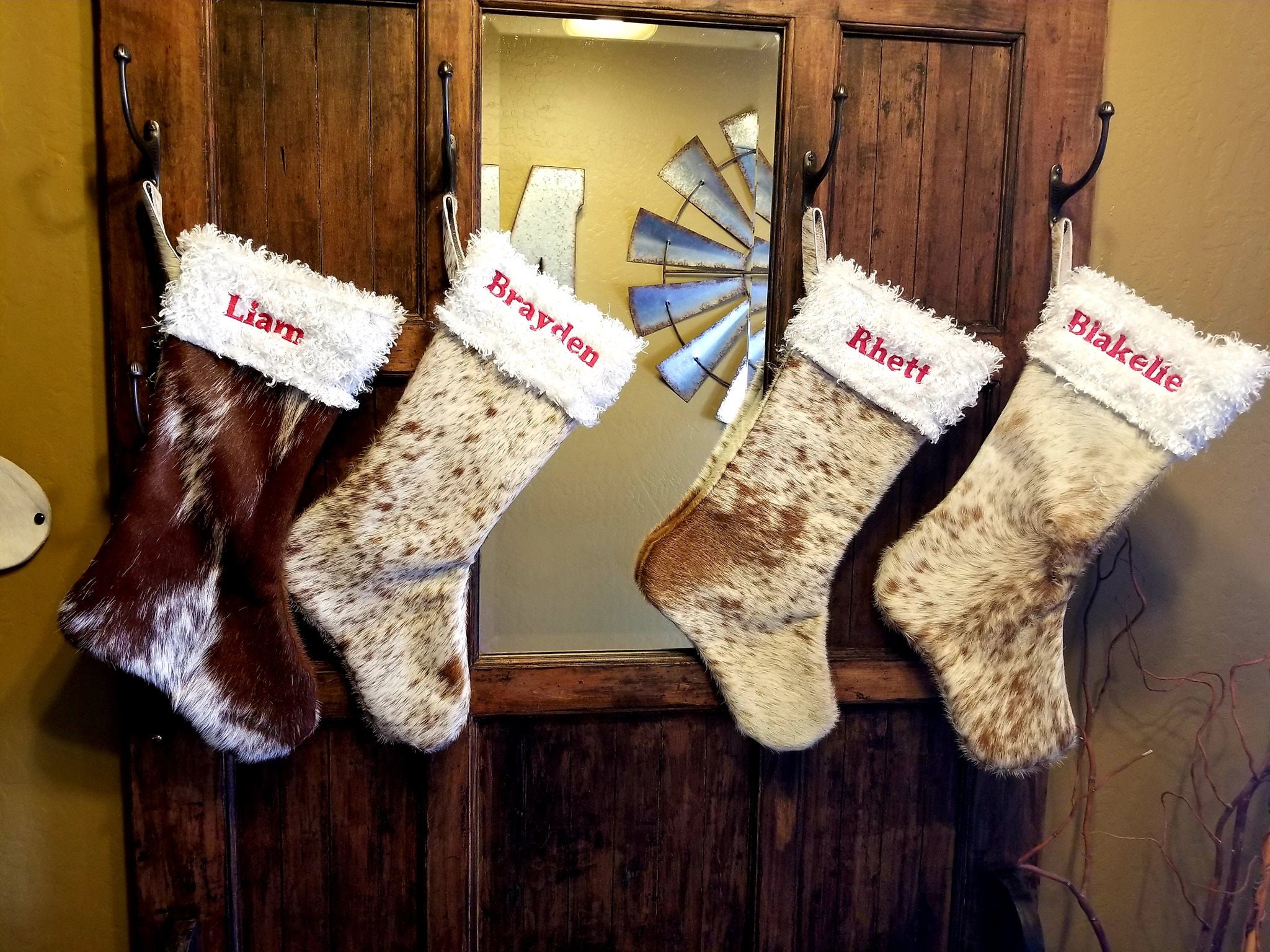 Cowhide Christmas Stockings Embroidered Leather Western Etsy
