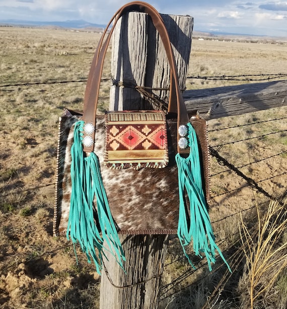 Cowhide Diaper Bag, Fringe Leather Tote, Western Concho Purse