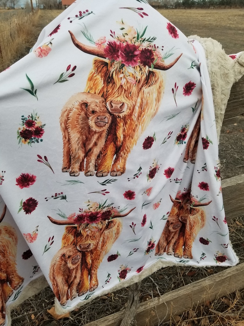 Boho Cow Blanket Baby Girl Boho Floral Blanket Highland Cow Etsy