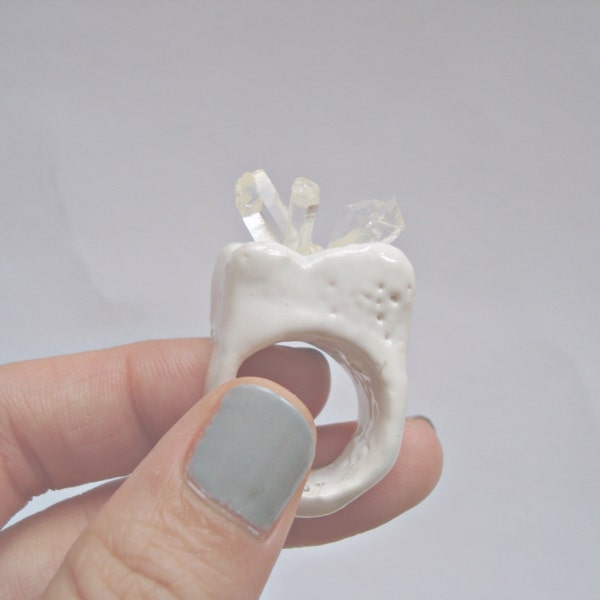 Ceramic white ring with quartz crystal , one of a kind