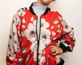 Pop Art Bomber Jacket: Red Black White Orchid Flowers and Checks