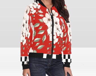 Pop Art Bomber Jacket: Red Black White Orchid Flowers and Checks