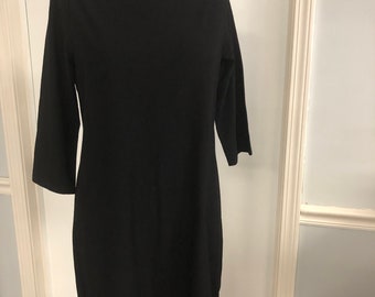 Sustainable designer, Eileen Fisher, solid black 3/4 length sleeve dress in knit with a ballet collar. Size S petite.