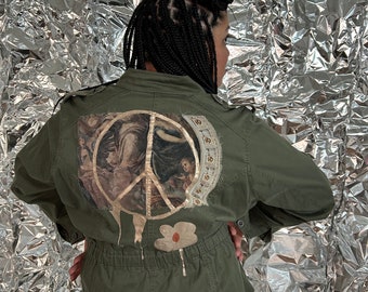 Up Cycled Army Jacket Give Peace A Chance XL