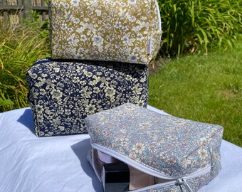 Handmade 100% Cotton Ditsy Floral Handmade Toiletry Makeup Bag Box Pouch | Small/Large, Navy, light blue or mustard