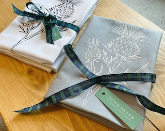 100% Cotton Handprinted Scottish Thistle Reusable Tea Towel | Grey/White