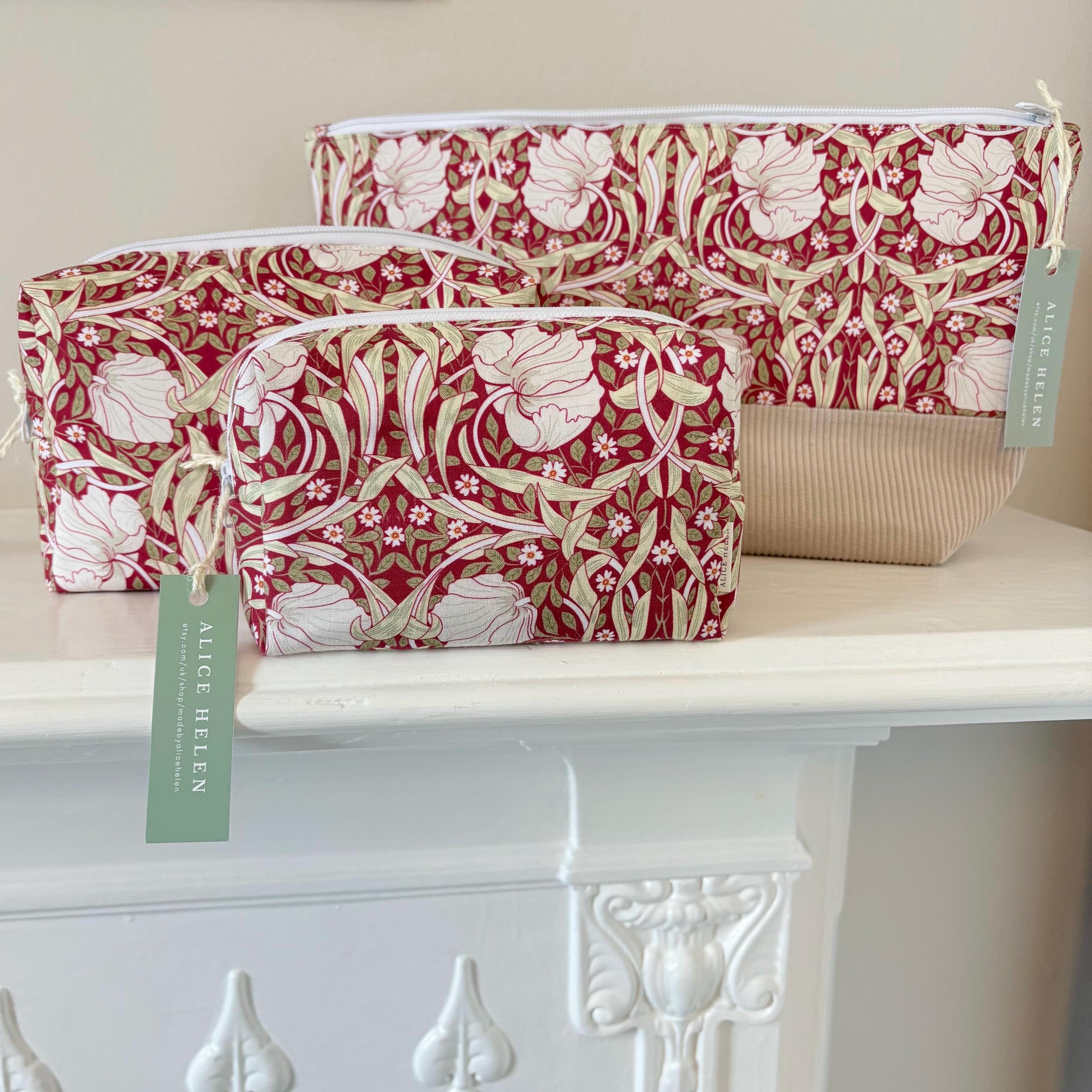Handmade 100% Cotton William Morris Pimpernel Red Toiletry Makeup Bags Box Pouch