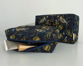 Handmade 100% Cotton Navy William Morris Inspired Printed Birds and Flowers Toiletry Makeup Bags Box Pouch | Small/Large, Navy mix