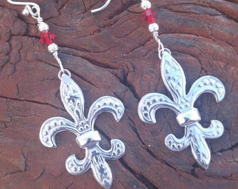 Le Fleur de Lis, Le Fleur de Lis Earrings, Sterling Silver, 925, Red Swarovski Beads, Red