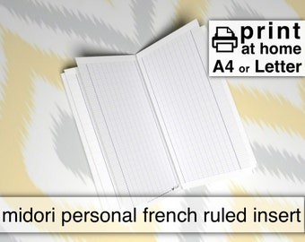 Printable French Ruled Inserts - Personal size Midori MTN 21cmx11cm - Kestrel Design DIY immediate download - traveller notebook handwriting