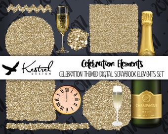 Gold Glitter Digital Scrapbook Elements - 12 - Dots, Wine, Champagne, Celebrate - Kestrel Design immediate download - computer scrapbooking