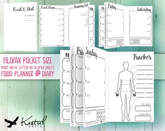 Printable Diet Planner & Diary - Filofax Pocket size 8.1cmx12cm - Kestrel Design DIY immediate download - Filofax or booklet - new year loss