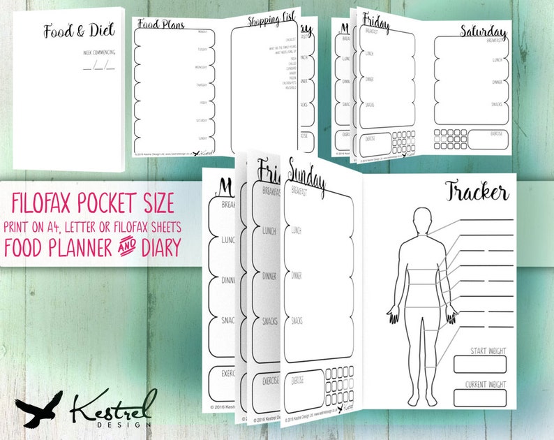 Printable Diet Planner & Diary Filofax Pocket size 8.1cmx12cm Kestrel Design DIY immediate download Filofax or booklet new year loss image 1