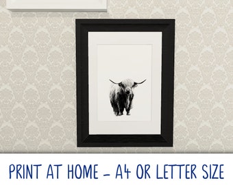 Printable A4/Letter art poster · Newsprint Highland Cow · print at home · DIY Gallery Art Wall · digital download · Cool Modern Trendy