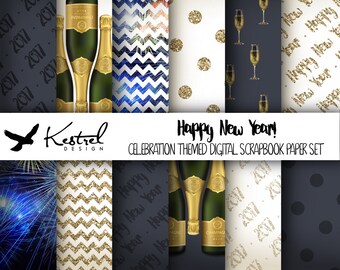 A4 - New Years Celebration Gold and Blue Digital Paper Pack - Kestrel Design DIY immediate download - printable collection paper crafts