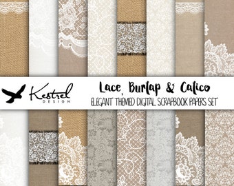 12"x12" - Lace, Burlap & Calico Digital Paper Pack - Kestrel Design DIY immediate download - printable paper crafts hessian wedding invites