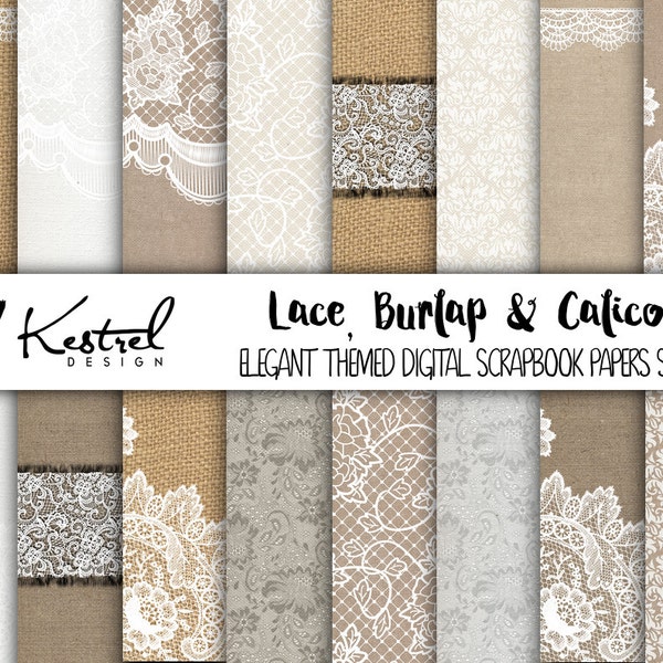 12"x12" - Lace, Burlap & Calico Digital Paper Pack - Kestrel Design DIY immediate download - printable paper crafts hessian wedding invites