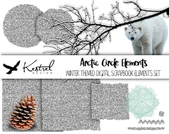 Arctic Circle Theme Digital Scrapbook Elements - 12 Winter Glitter Snow Bear and Pinecone - Kestrel Design immediate download - scrapbooking