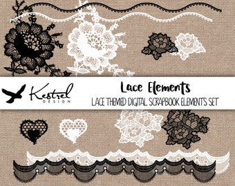 Lace Digital Scrapbook Elements - 12 Strips Motifs Hearts Flowers & Roses - Kestrel Design immediate download -computer digital scrapbooking