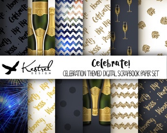 Letter - Celebration Set Champagne, Gold and Blue Digital Paper Pack - Kestrel Design DIY immediate download - printable paper crafts