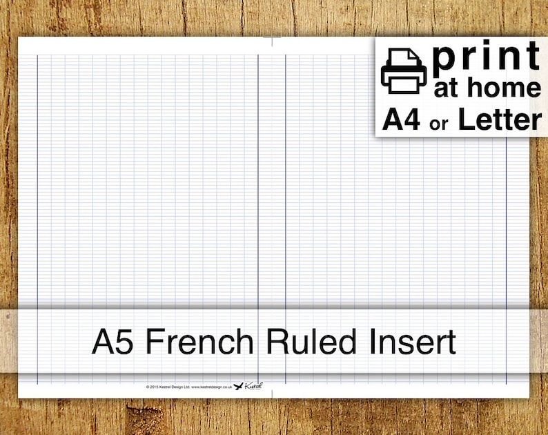 Printable French Ruled Inserts A5 or halved Letter size Kestrel Design DIY immediate download traveller notebook insert handwriting image 1