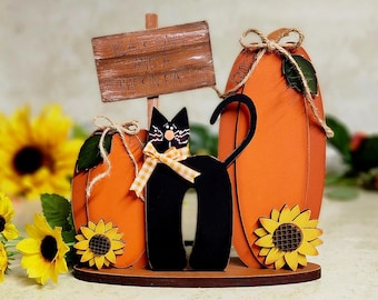 Black Cat and a Pumpkin Patch l super cute svg laser file l Halloween shelf sitter l Fall home decor, Halloween office or school decor l