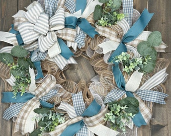 Smoke Blue and Ivory, Ticking Stripe, Country Farmhouse Rustic Style Handmade Any Season, Front Door, Year-Round Wreath, Door Hanger, Decor