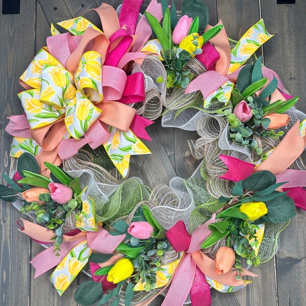 Spring Wreath, Spring Wreath for Front Door, Spring Tulip Handmade Deco Mesh Wreath, Easter Wreath, Spring Tulip Decor