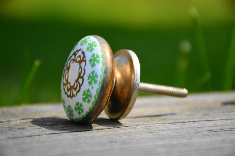Ceramic knobcabinet knobantiquevintagerusticdrawer pulldoor handledressergreenwhitegoldcelticIrishdecorativeuniquefurniture