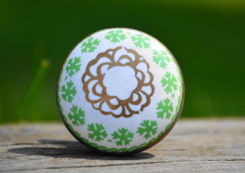 Ceramic knobcabinet knobantiquevintagerusticdrawer pulldoor handledressergreenwhitegoldcelticIrishdecorativeuniquefurniture