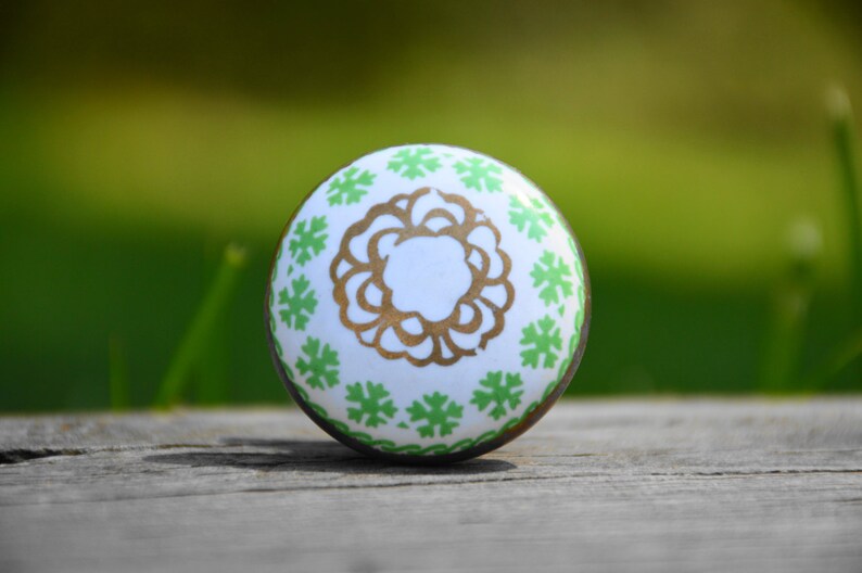 Ceramic knobcabinet knobantiquevintagerusticdrawer pulldoor handledressergreenwhitegoldcelticIrishdecorativeuniquefurniture