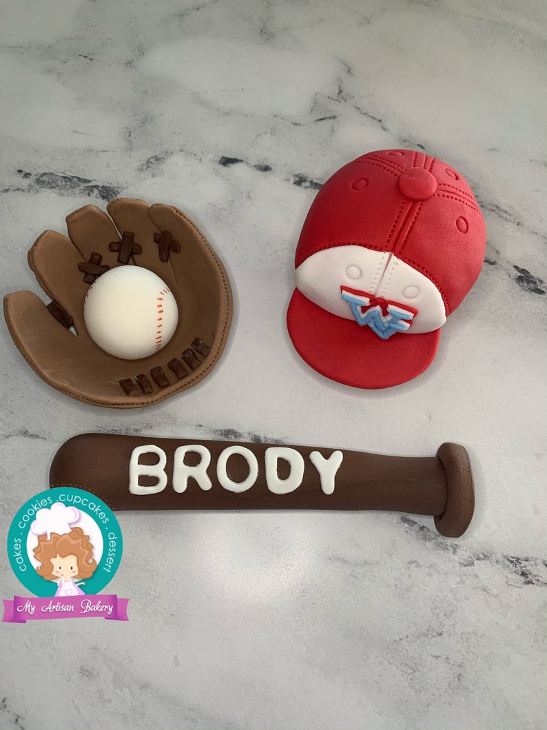 Baseball Mitt, Bat and Cap fondant cake topper image 2