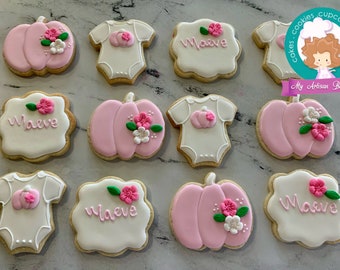 Pumpkin baby shower sugar cookies, hand-decorated, royal Icing, set of 12