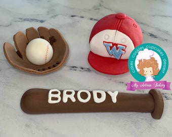 Baseball Mitt, Bat and Cap fondant cake topper