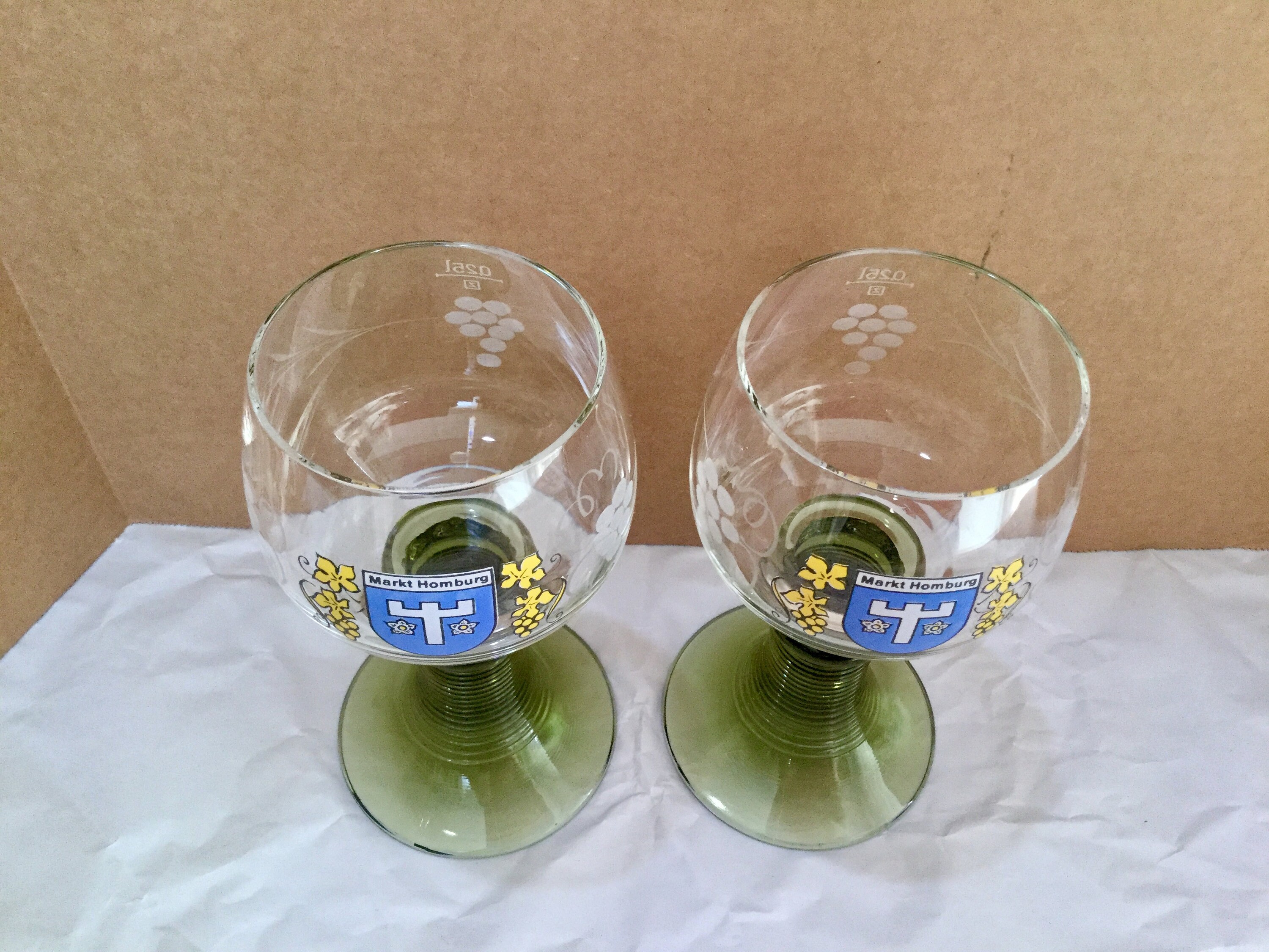 Pair of Roemer. Markt Homburg Etched Green Stem Wine Glasses
