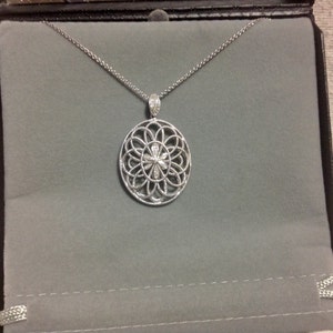 Oval Floral Pendant With Natural Diamonds Set In 925 STerling Silver With 18&quot; Chain