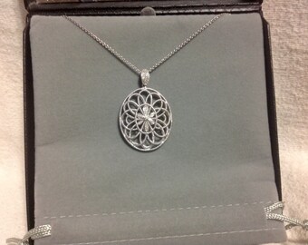 Oval Floral Pendant With Natural Diamonds Set In 925 STerling Silver With 18" Chain