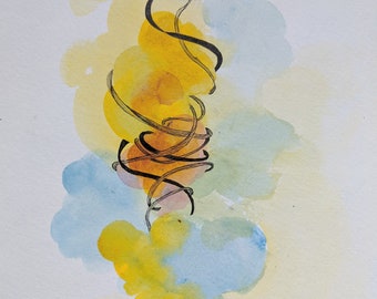 Yellow and Blue, abstract watercolor, 9x12