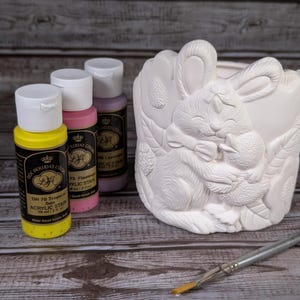 Easter Bunny with Chick Bucket Planter Ready to Paint Ceramic Bisque