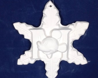 Mickey Mouse Ready to Paint Ceramic Bisque, Unpainted Ceramic Christmas Ornament, Snowflake Christmas Ornament Ready to Paint