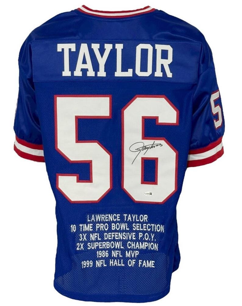 New York Giants Lawrence Taylor Autographed Pro Style Blue Stat Jersey JSA Authenticated afbeelding 1