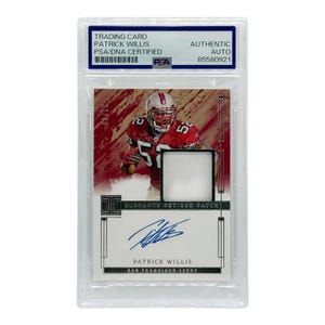May include: A Patrick Willis trading card, encased in a protective holder. The card features an image of Willis in a red and gold football uniform. The card includes an autograph and the text "ELEGANCE RETIRED PATCH".