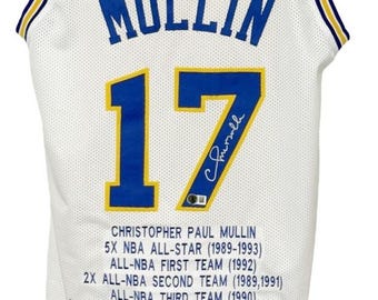 Golden State Warriors Chris Mullin Signed Pro Style White Stat Jersey BAS Authenticated
