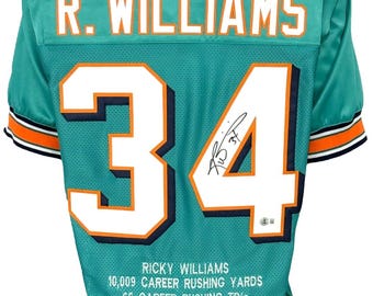 Miami Dolphins Ricky Williams Autographed Pro Style Teal Stat Jersey BAS Authenticated