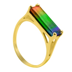 Ammolite Ring Natural Rectangle AAA 3 Colors  Set In 14K Gold