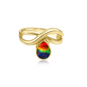 Ammolite Ring Natural Rectangle AAA 3 Colors  Set In 14K Gold