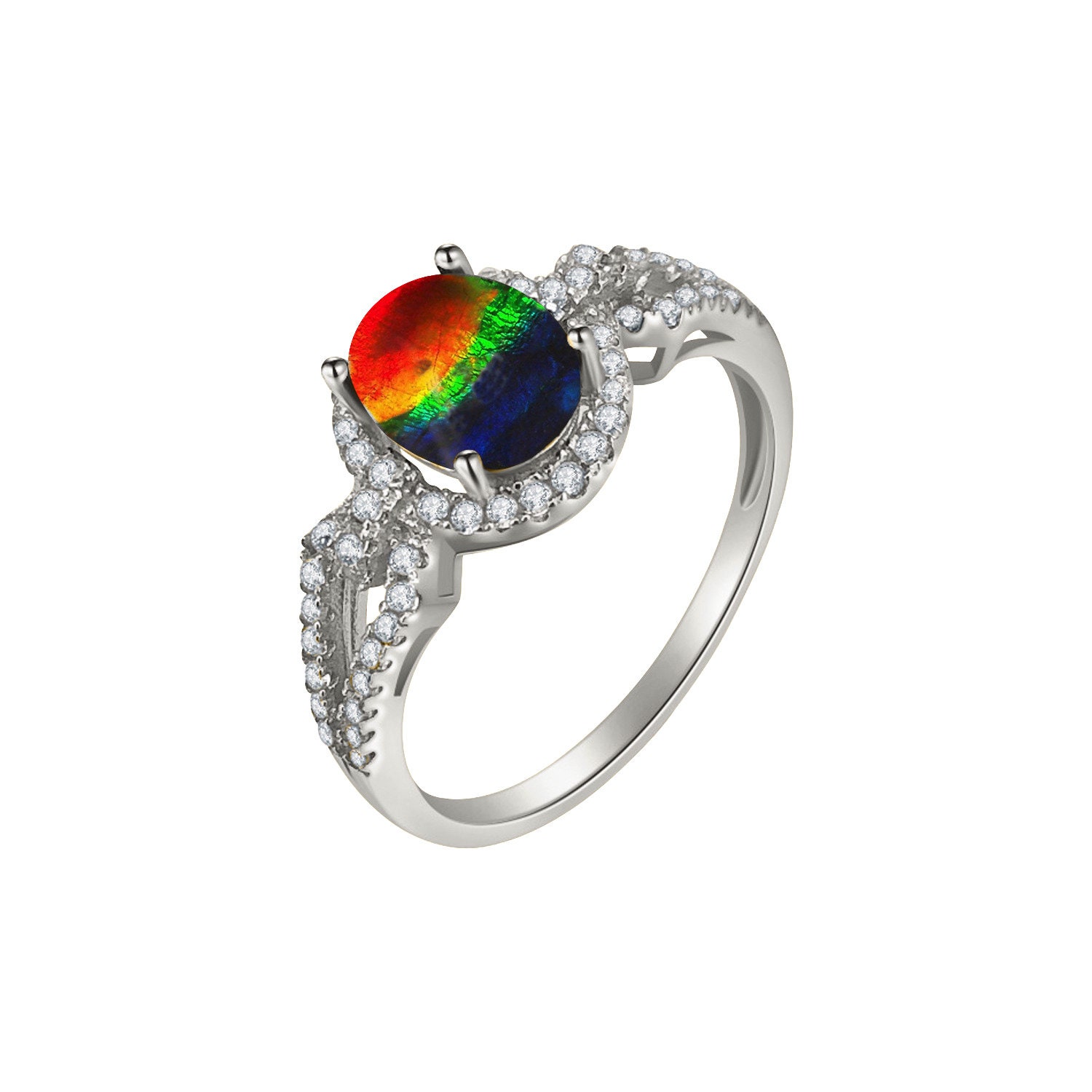 Designed By Ellen Ammolite & Diamond Ring - Natural AAA Grade Ammolite Stone In 14k Gold, Rectangle 12x5mm