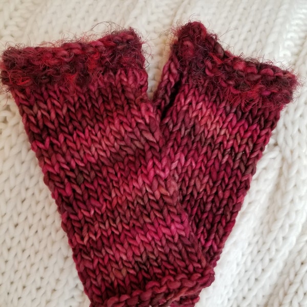Fingerless gloves hand knit in a soft wool and angora mohair trim, thumb-less, hand knit in Pure Merino wool Malabrigo Rose to Brown shades