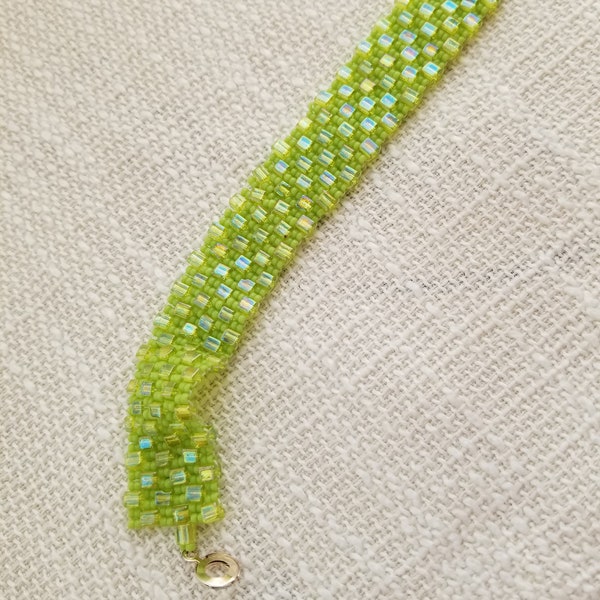 Sunny Chartreuse Green Yellow AP Beaded Bracelet, Matching Matte Seed Beads, Silver Snap to Close, Square AP Miyuki Beads, Miyuki Seed Beads